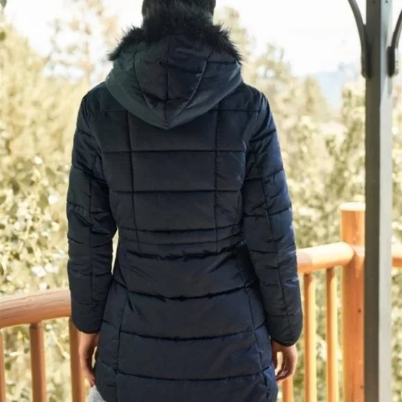 Navy Long Vegan Fur Hood Winter puffer Jacket - Picture 5 of 6